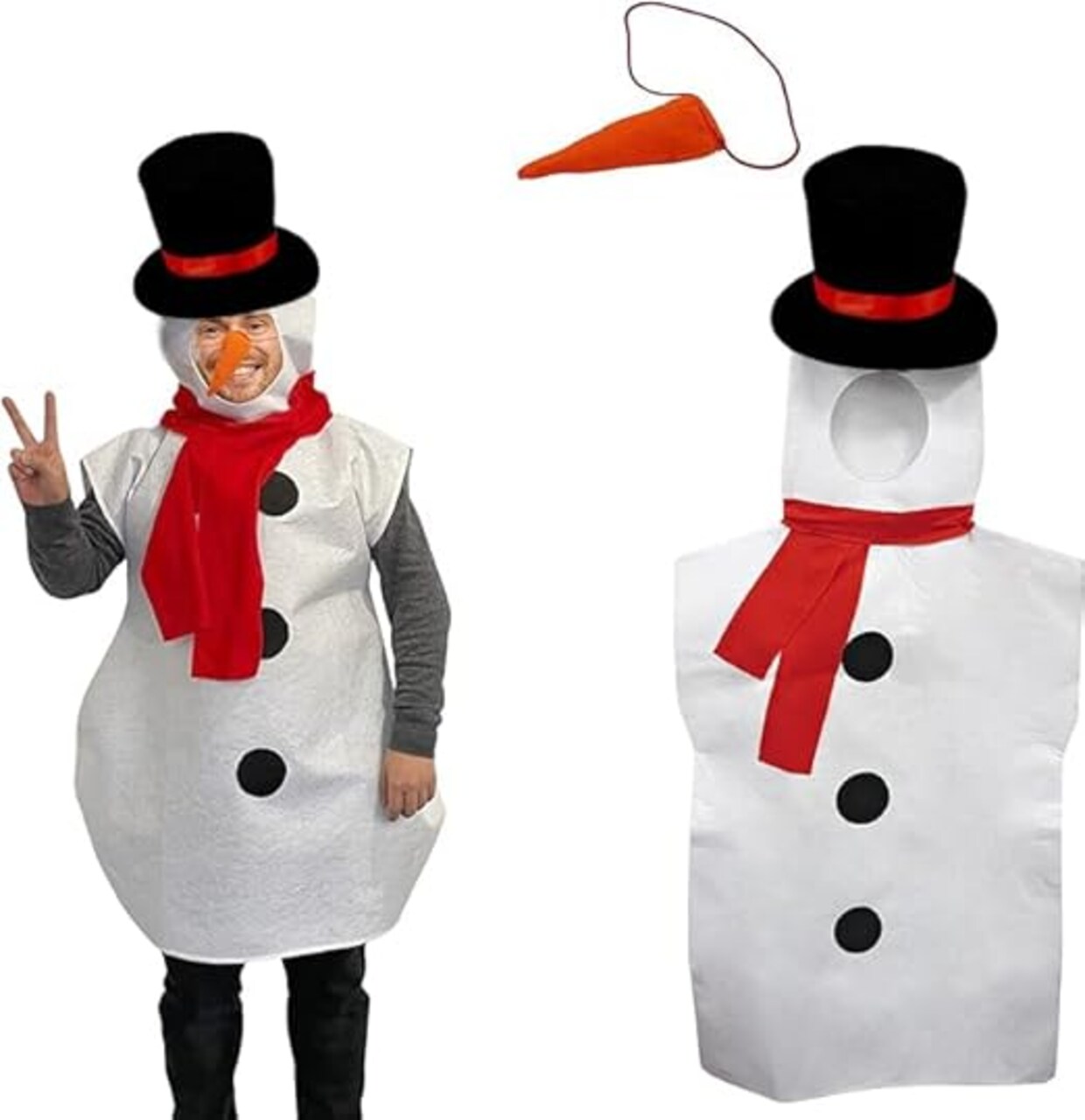 4E's Novelty Adult Snowman Costume – One-Piece Snowman Dress Up with Hat, Scarf & Carrot Nose, Fun Winter Christmas Cosplay Outfit for Men & Women, Holiday Party, School Play & Photo Shoot Accessories
